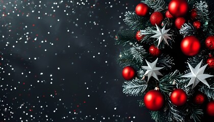A festive arrangement of red ornaments and silver stars on evergreen branches against a dark background, creating a holiday atmosphere.