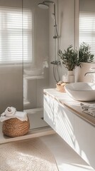 A serene and modern bathroom featuring natural light, plants, and minimalist decor for a relaxing atmosphere.