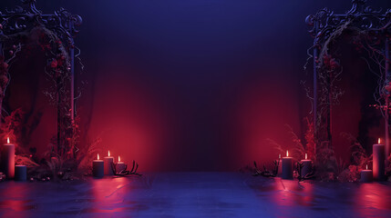 Naklejka premium 3D Rendering of Spooky dark red and dark blue colors Halloween Party Decoration with Creepy Elements, Perfect for Invitation or Greeting Card Design