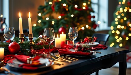 A festive dining setup with candles, elegant tableware, and holiday decorations, surrounded by Christmas trees adorned with lights.