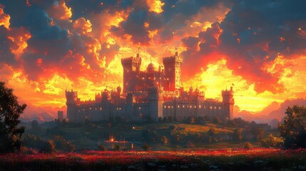 Obraz premium beautiful summer wallpaper featuring cereals a magnificent castle and a stormy sky depicting the contrast between natures bounty and dramatic weather in a whimsical manner