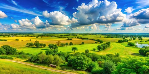 Naklejka premium Scenic View of Katy Texas Landscape with Open Fields, Blue Sky, and Lush Greenery in Summer