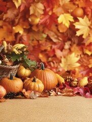 Autumn Harvest Scene with Pumpkins and Colorful Leaves