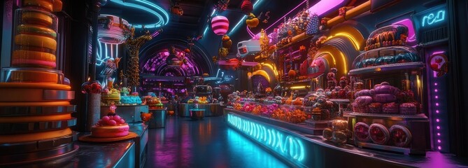 Obraz premium A vibrant dessert shop bursting with colorful cakes and sweets, illuminated by neon lights in a whimsical setting.