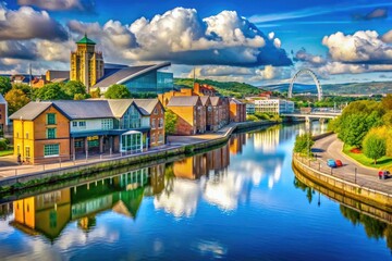 Scenic View of Newport Gwent Riverfront with Modern Architecture and Historical Landmarks in Sight