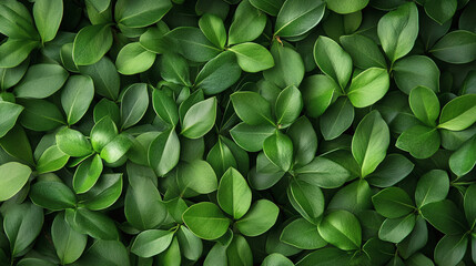 Fototapeta premium top view of frame full of green leaves, green leaf random positions natural tropical plant background close up organic plants