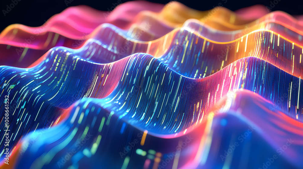 Poster data of crypto waves. 3d illustration of wavy lines in the information code field. data flow cyber c