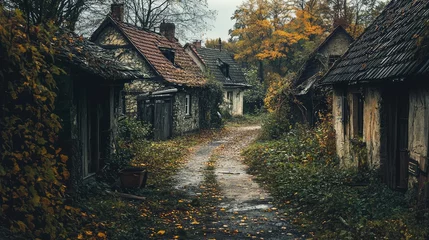 Fleecedeken met foto A serene, abandoned village scene surrounded by autumn foliage, showcasing weathered houses and a winding path. © Kitta Studio