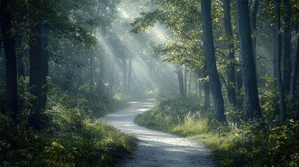 Fototapeta premium A serene forest path illuminated by gentle sunlight, surrounded by lush greenery and a peaceful atmosphere.