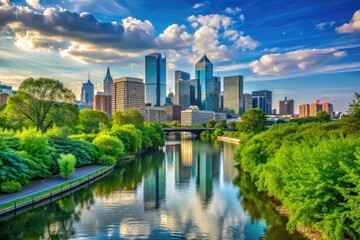 Scenic view of Schuylkill Banks Park with lush greenery and urban skyline along the riverbank