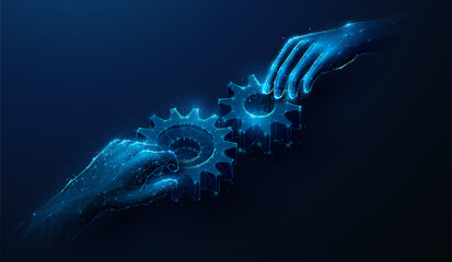 Abstract illustration of two hands approaching gears in low poly style. Blue geometric background depicting synergy partnership and business teamwork concept by wireframe connection structure
