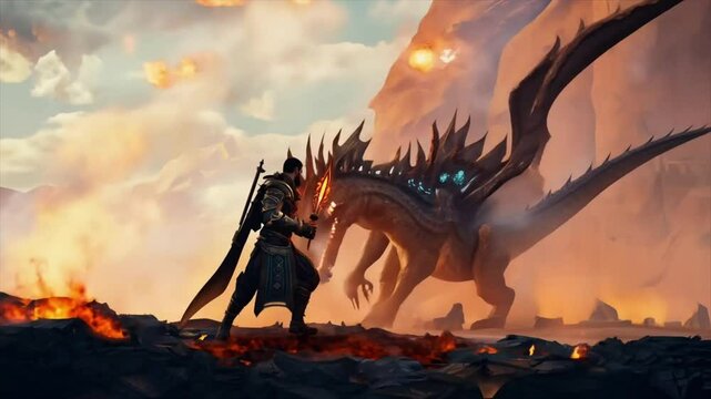 rpg warrior character fighting a dragon video game gameplay Generative AI