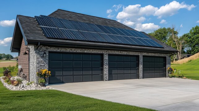 The garage showcases a sleek design with a solar panel installation on the roof, promoting energy efficiency in a picturesque rural setting
