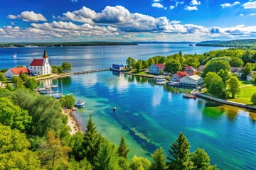 Obraz premium Scenic View of Sturgeon Bay Wisconsin Featuring Tranquil Waters and Lush Greenery in Summer Sunlight
