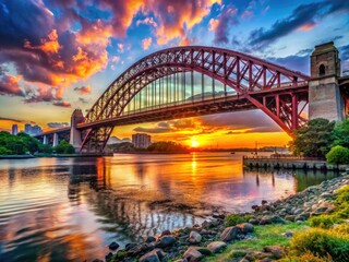 Obraz premium Scenic view of the Hell Gate Bridge spanning the East River in New York City during sunset