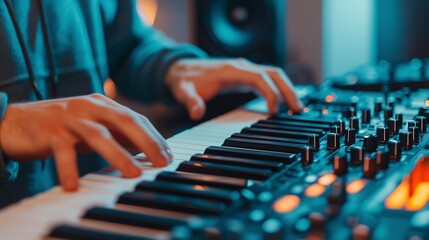 A close-up of hands playing a synthesizer keyboard, showcasing creativity and passion for music in a vibrant studio setting.