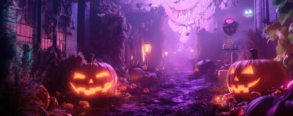 Naklejka premium A spooky Halloween scene featuring glowing pumpkins, eerie fog, and festive decorations that evoke a mysterious atmosphere.