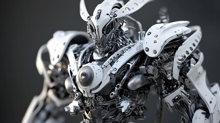 Fototapeta premium Mecha figure with complex mechanical design and intricate armor plating