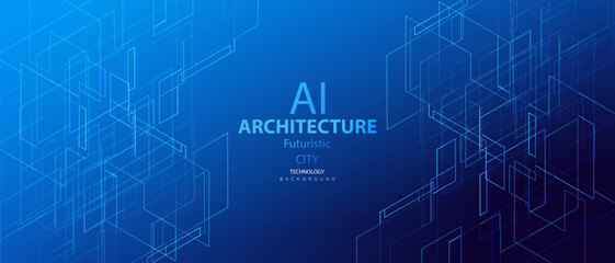 Fototapeta premium Architecture ai blue web banner. Innovation smart city technology background. Future urban architecture neon light buildings vector. Digital futuristic intelligence high tech town design banner.