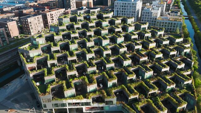 Aerial view of residential complex Mountain Dwellings, garden houses, Denmark
