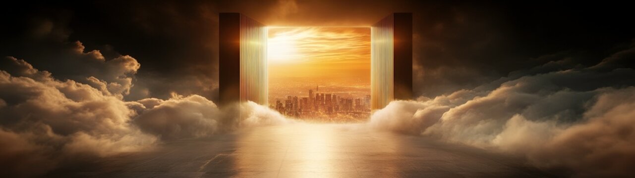 A breathtaking view of shimmering golden gates opening to a radiant, cloud-filled sky illuminated by ethereal light, symbolizing the entrance to heaven, with a futuristic cityscape merging in the