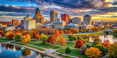 Scenic views of Dayton Ohio showcasing architecture, parks, and vibrant urban landscapes in autumn