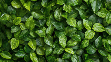 top view of frame full of green leaves, green leaf random positions natural tropical plant background close up organic plants