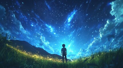 Fototapeta premium A child gazes at a breathtaking starry sky, surrounded by nature's beauty, evoking a sense of wonder and exploration.