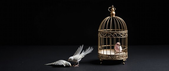 A tranquil scene featuring a golden birdcage with two birds, representing themes of freedom and companionship in a serene atmosphere.