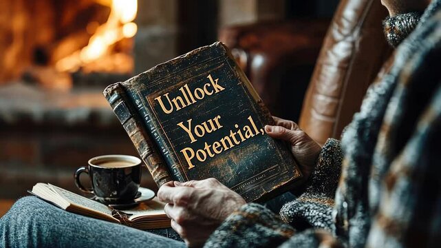 A person holds an inspiring book titled Unlock Your Potential while seated comfortably next to a crackling fire, savoring a warm beverage