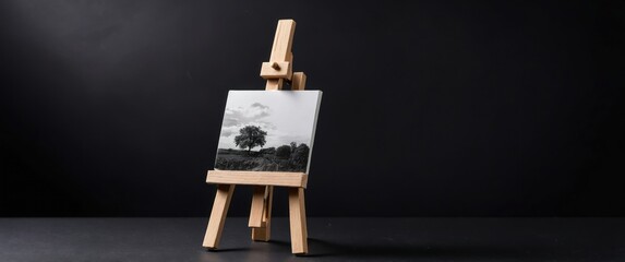 A wooden easel with a black and white landscape painting, set against a dark background, evoking creativity and artistic inspiration.