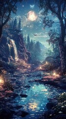 Obraz premium A serene, enchanting landscape featuring a tranquil waterfall, illuminated by moonlight and surrounded by a lush forest and sparkling water.