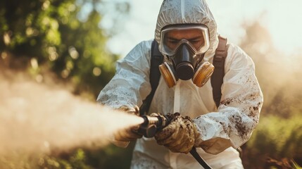 Fototapeta premium The image showcases an individual using protective gear, spraying a substance outdoor field, with clear blue skies, under warm daylight emphasizing safety measures.