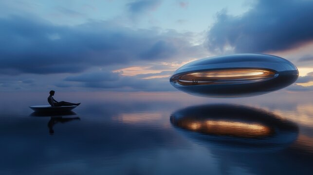 A tranquil lakeside scene at dusk where a person lounges on a swing, contemplating sleep; a beautiful vimana reflects on the water's surface, blending elements of nature and futuristic design into a