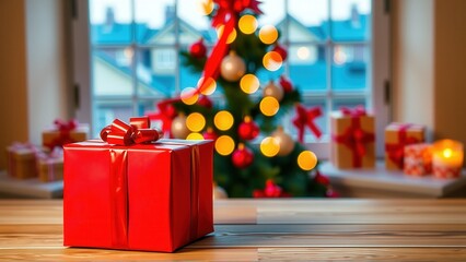 Christmas present on a wooden surface with bokeh holiday lights