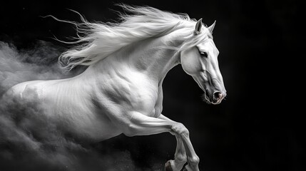 A white horse with a flowing mane gallops forward against a black background, creating a cloud of dust.