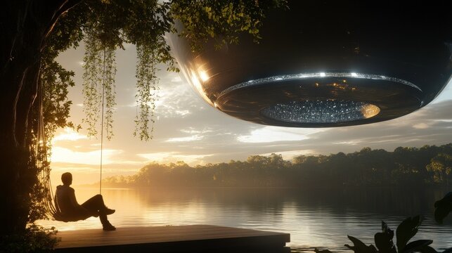 A tranquil lakeside scene at dusk where a person lounges on a swing, contemplating sleep; a beautiful vimana reflects on the water's surface, blending elements of nature and futuristic design into a