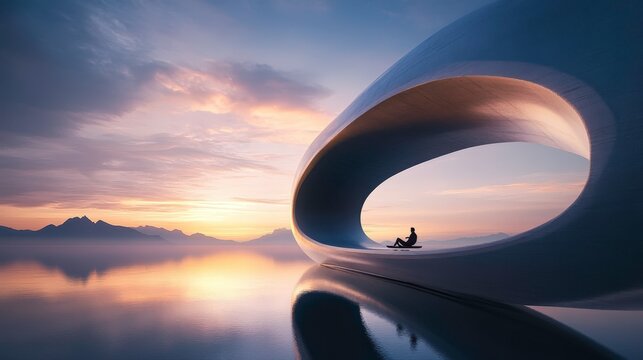 A tranquil lakeside scene at dusk where a person lounges on a swing, contemplating sleep; a beautiful vimana reflects on the water's surface, blending elements of nature and futuristic design into a