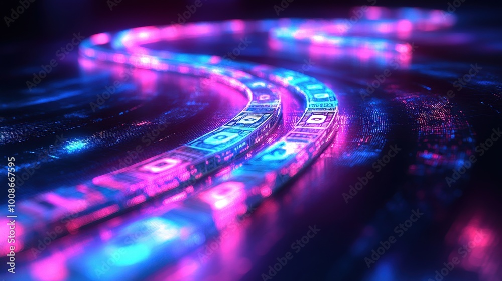 Poster a luminous stream of digital currency flows smoothly through a dark, reflective surface, emitting vi