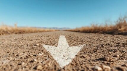 A faded arrow on a road surface subtly suggests an introspective journey under a sprawling sky, capturing sentiments of thought and contemplation in stillness.