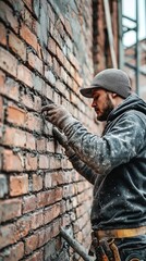 Fototapeta premium A skilled worker repairs a brick wall with precision, showcasing craftsmanship and dedication to construction in action.
