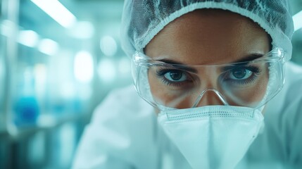 A diligent scientist in full laboratory gear, including a mask and protective goggles, intently examines a sample, embodying the focus and vigilance of research.