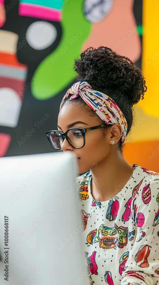 Sticker Young Entrepreneur in Her Vibrantly Decorated Startup Office  