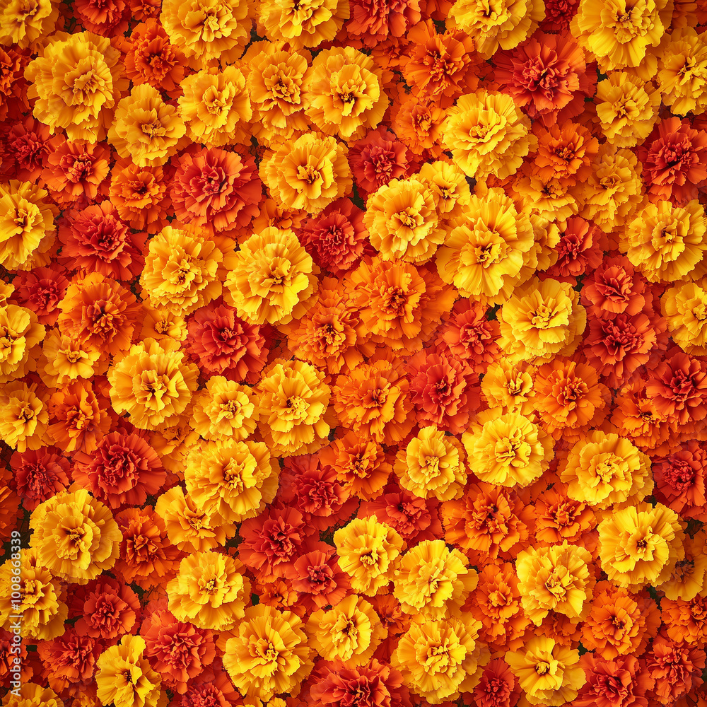 Wall mural Bright Orange and Yellow Marigold Flowers Top View