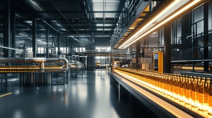 Fototapeta premium Industrial Bottling Line in a Modern Factory