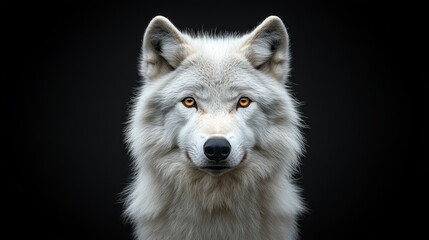 Obraz premium A white wolf with piercing yellow eyes stares directly at the camera against a black background.
