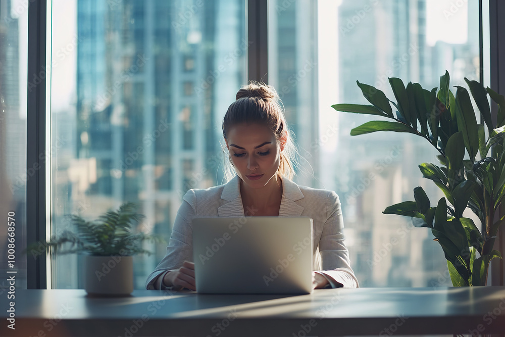 Canvas Prints Professional Businesswoman in Modern Office Overlooking City