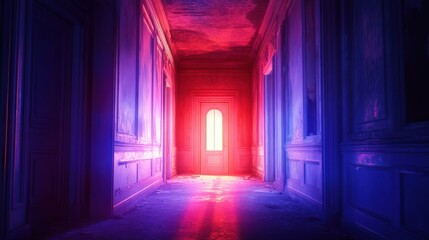Fototapeta premium A stunning corridor illuminated by vibrant red and purple light, creating an ethereal atmosphere perfect for artistic projects.