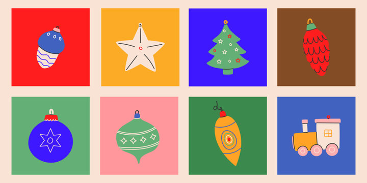 Set of vector Vintage christmas balls. Xmas ornaments isolated. December decoration designs in old retro style. Winter holiday adornment, tree decor, toys, ball.Vector illustration EPS 10