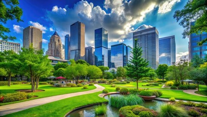 Obraz premium Serene Day at Klyde Warren Park with Lush Greenery and Vibrant Cityscape in the Background